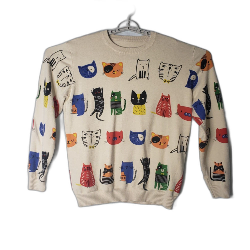 Shein Tan All Over Colorful Cartoon Cat Pattern Sweater Womens Size Large